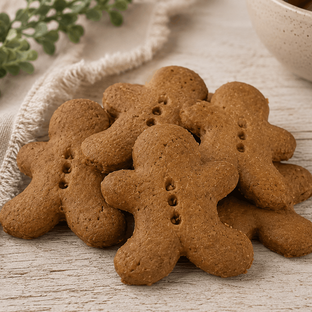 A pile of baked gingerbread cookies shaped like people, arranged on a light wood surface with a beige cloth and small green leaves in the background.