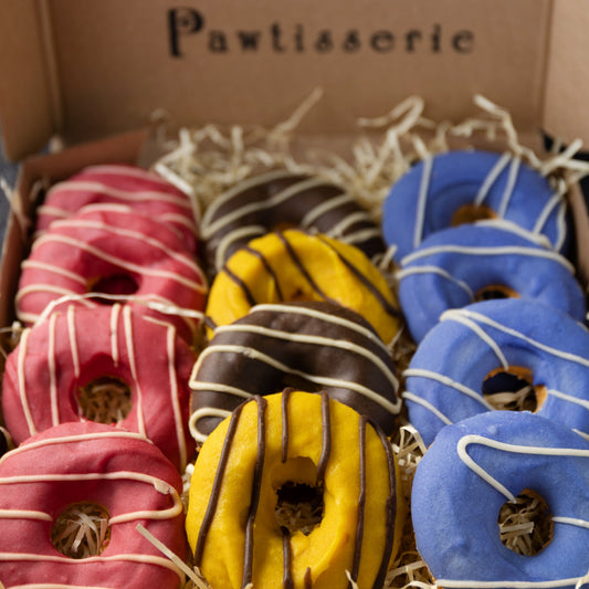 Colorful donut-shaped dog treats in a box with 'Life of Riley' branding.