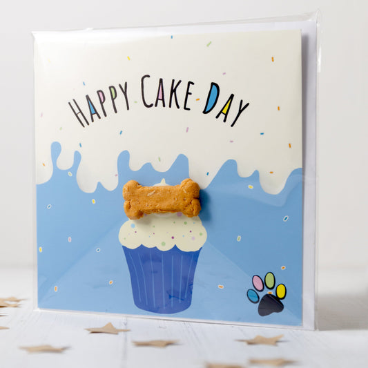 Greeting card with a cupcake illustration and 'Happy Cake Day' text on a white background.