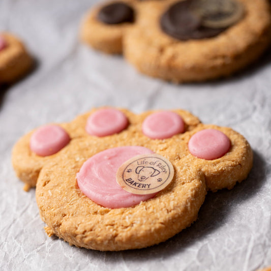 Dog paw-shaped cookies with pink pads on a gray surface