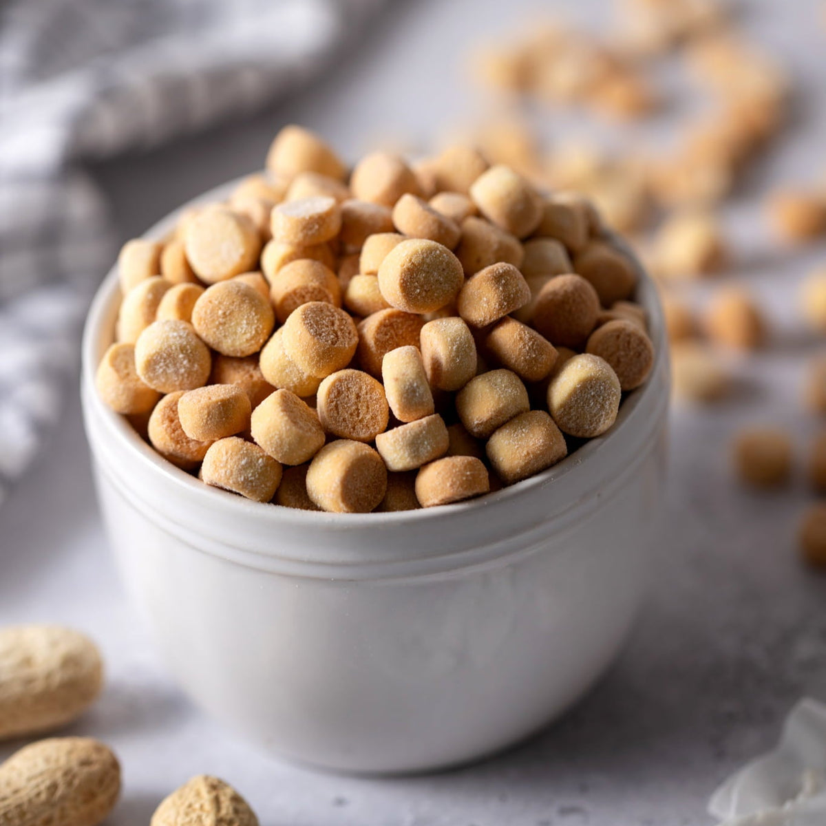 White bowl filled with round, beige-colored snacks on a light gray surface. Dog training treats