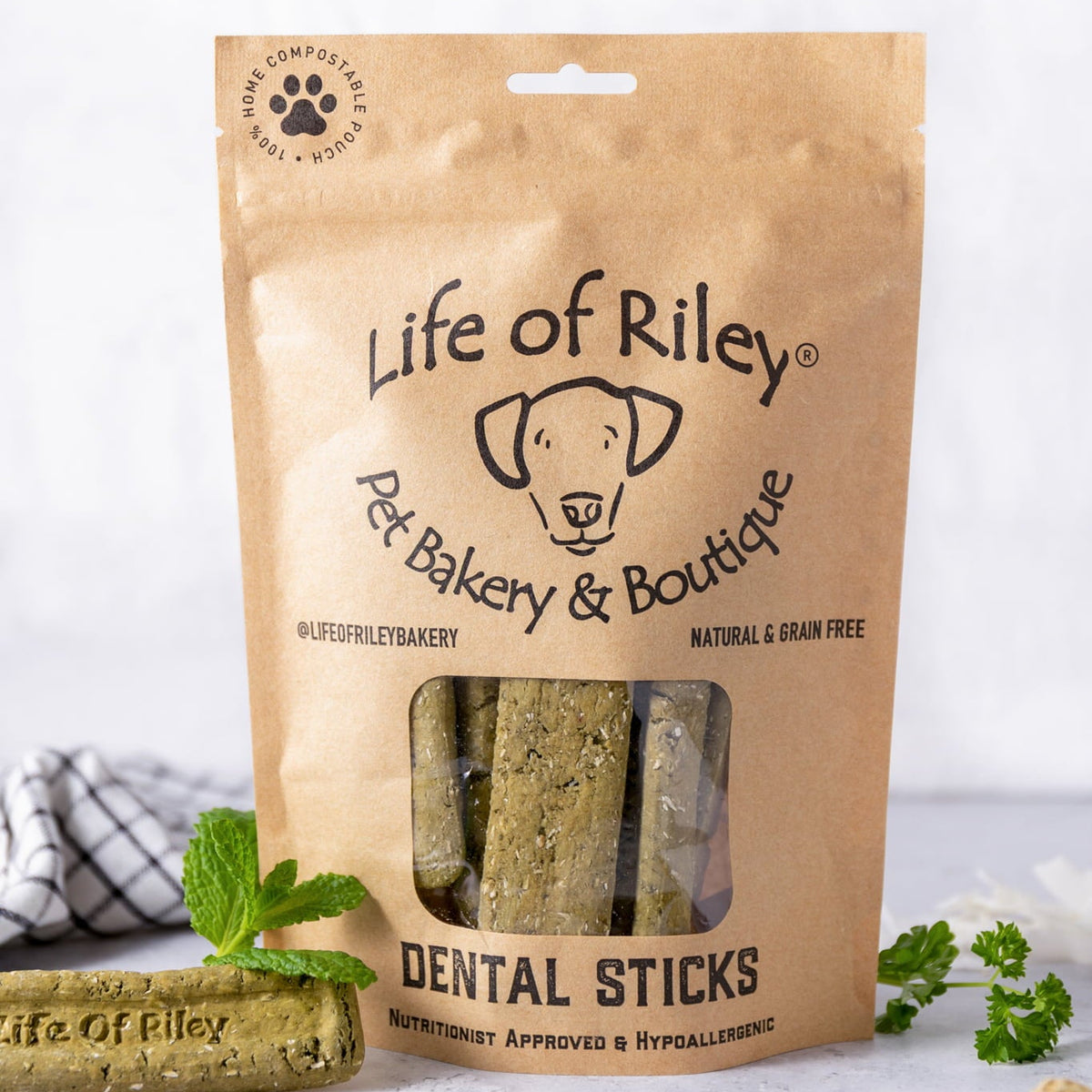 Life of Riley Pet Bakery & Boutique dental sticks packaging on a white background