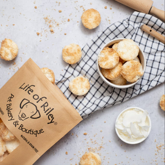 Life of Riley bakery products on a checkered cloth with a bowl of coconut macaroons.