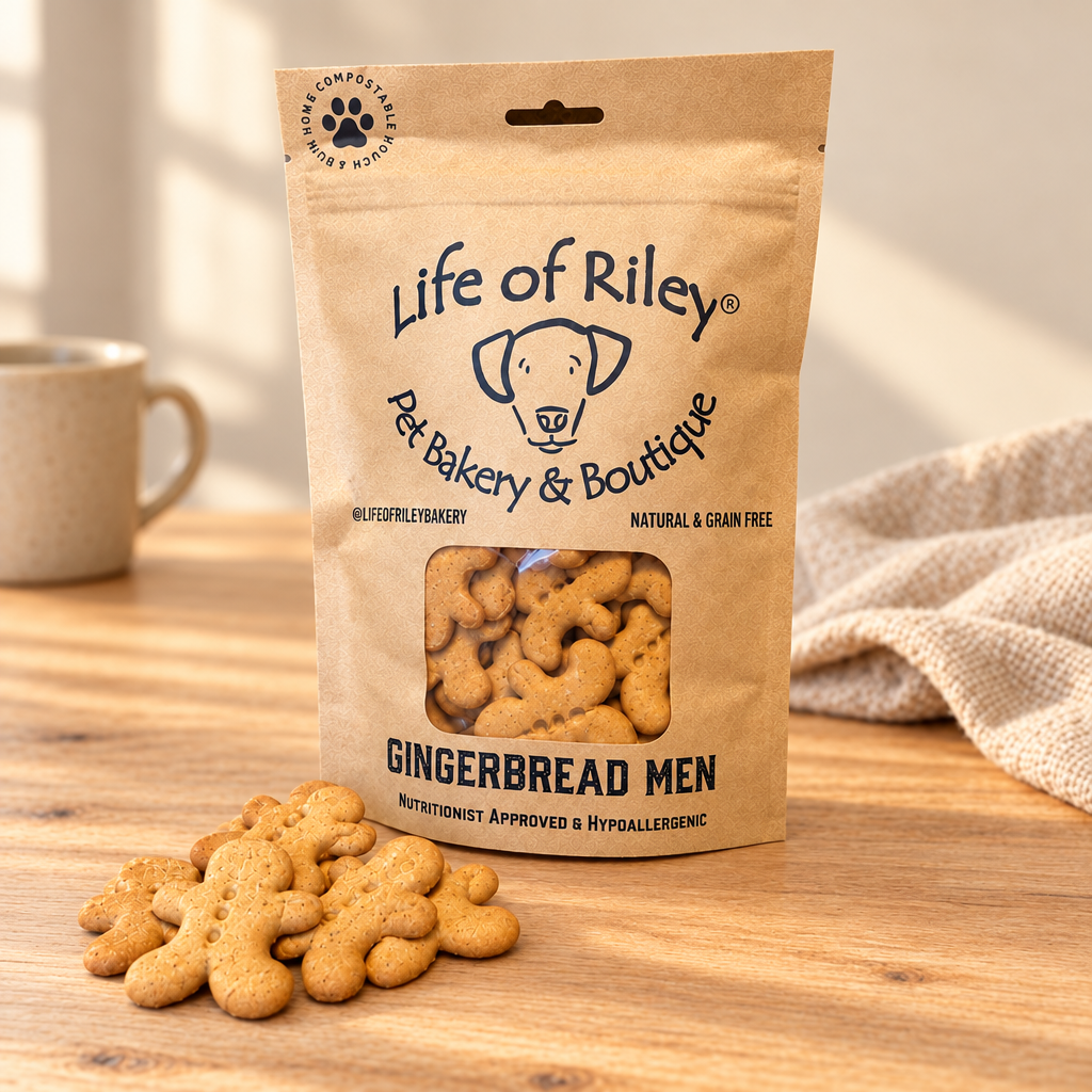 A stand-up kraft paper bag of Life of Riley Gingerbread Men dog treats sits on a wooden table, with several gingerbread-shaped treats spilled in front. The bag has a clear window showing the treats inside, and the background includes a softly blurred mug and fabric.