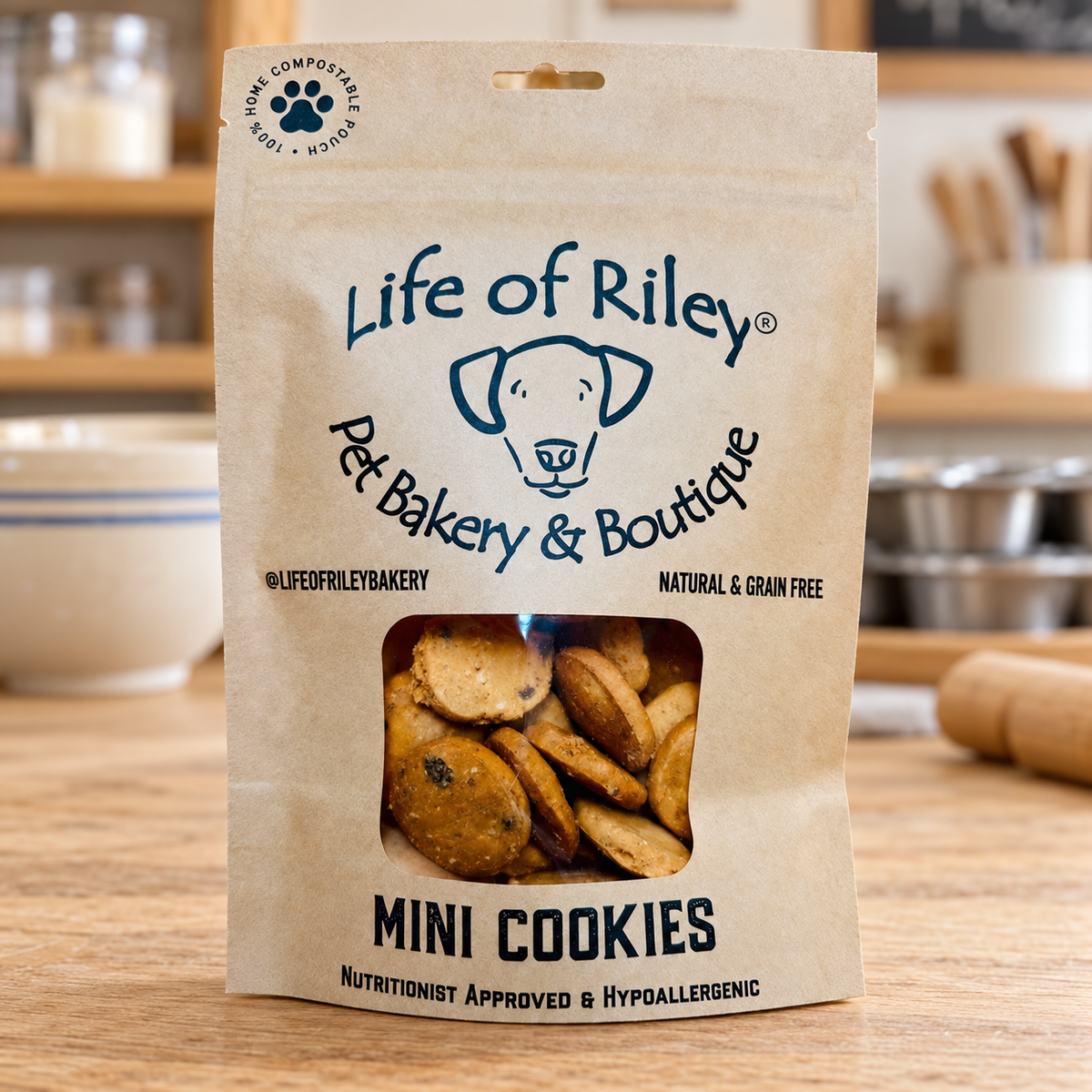Mini peanut butter and carob dog cookies from Life of Riley