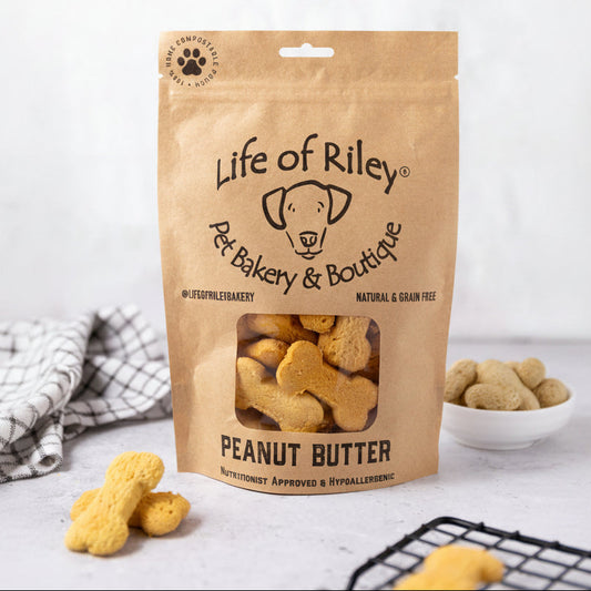 Bag of Life of Riley pet treats with peanut butter flavor on a white background