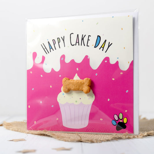 Greeting card with a cupcake design and 'Happy Cake Day' text on a white background